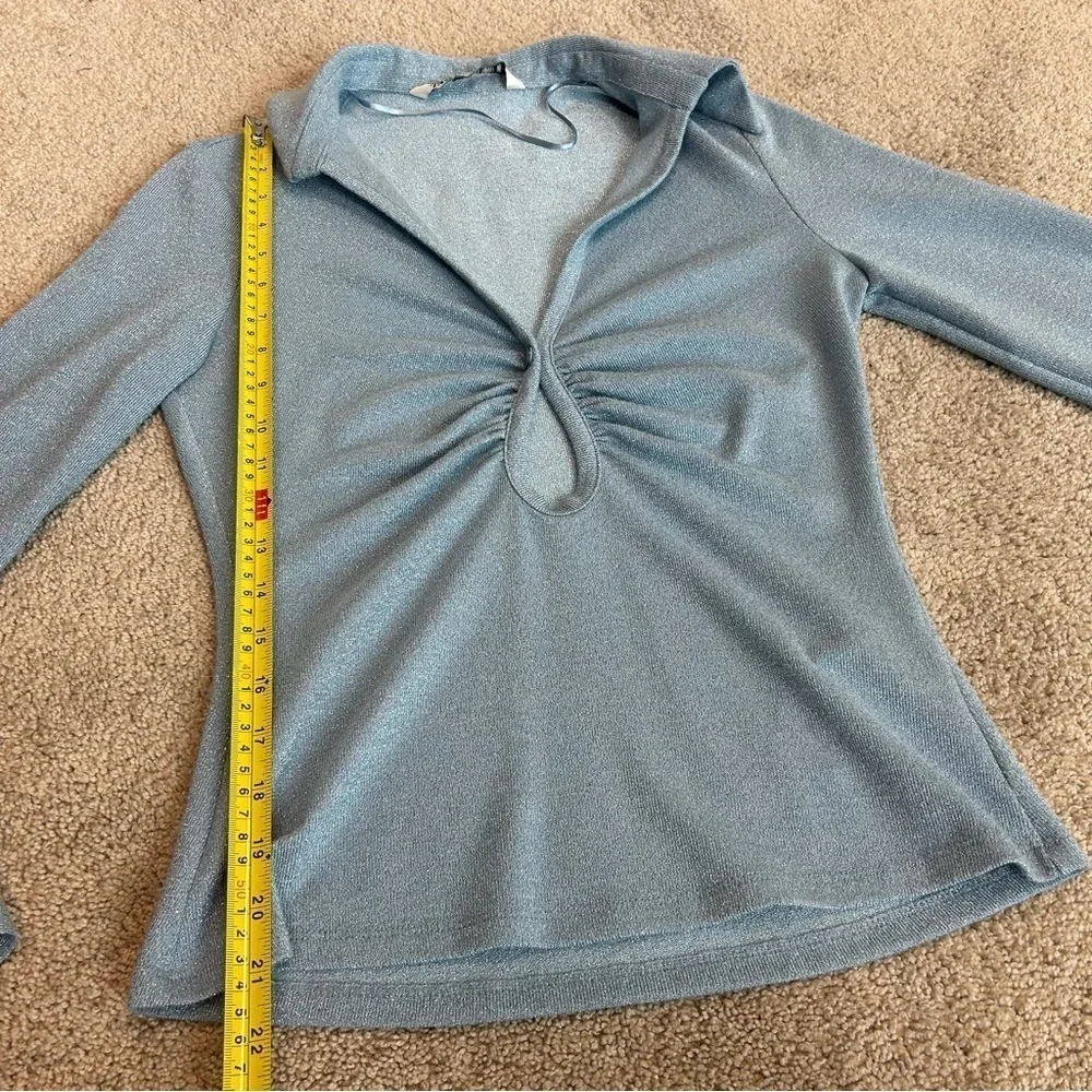 Zara light blue shimmer metallic glitter long sleeve keyhole collared blouse top - Picture 13 of 16